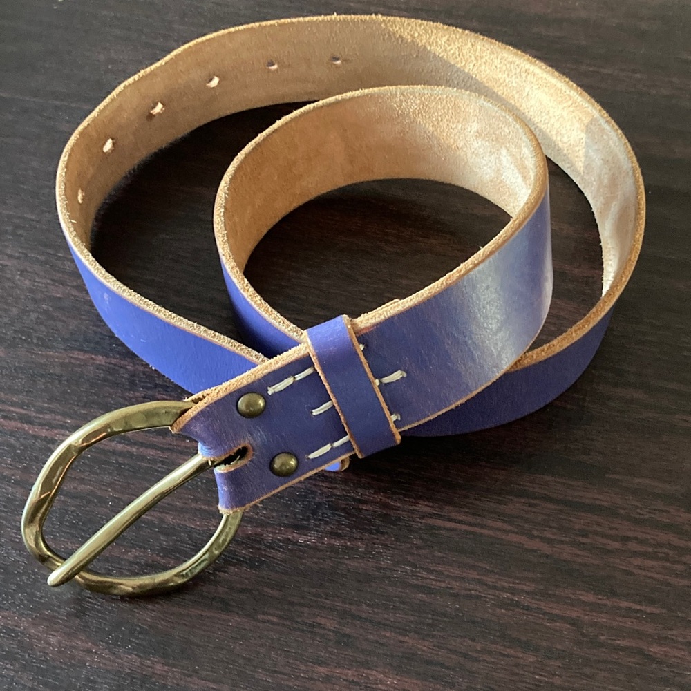 J Crew Periwinkle Leather Belt with Gold Buckle